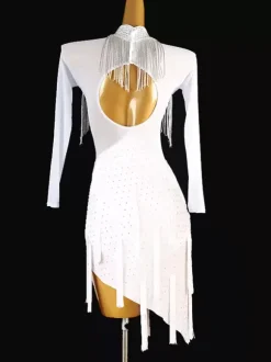 Latin Dance Costume White Women's Lycra Spandex Dress Sequins Fringe Latin Dancer Dancing Wear