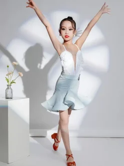 Latin Dance Costume White Girl's Polyester Top Skirt Latin Dancer Dancing Costume