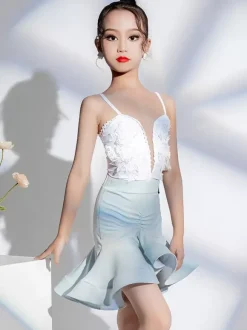 Latin Dance Costume White Girl's Polyester Top Skirt Latin Dancer Dancing Costume