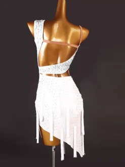 Latin Dance Costume White Women's Sequins Asymmetrical Sexy Lycra Spandex Dress Dancing Wear