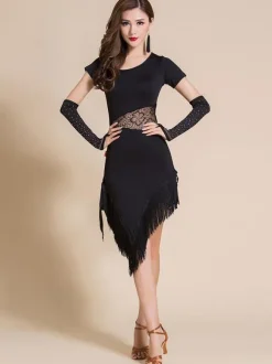 Latin Dance Costumes Dresses Black Fringe Lace Rhinestone Dancer Dancing Wears Outfits Carnival