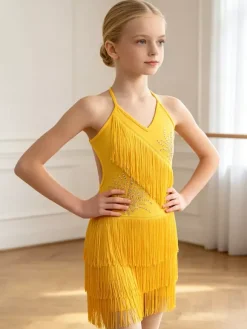 Latin Dance Dress Black Girl's Fringe Backless Cross Straps Elegant Polyester Dress Dancing Wear
