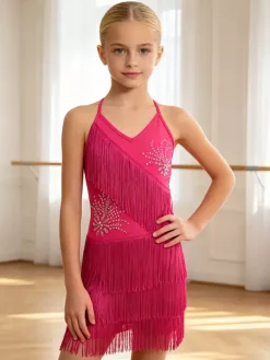 Latin Dance Dress Black Girl's Fringe Backless Cross Straps Elegant Polyester Dress Dancing Wear