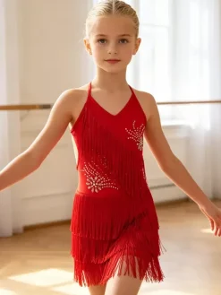 Latin Dance Dress Black Girl's Fringe Backless Cross Straps Elegant Polyester Dress Dancing Wear