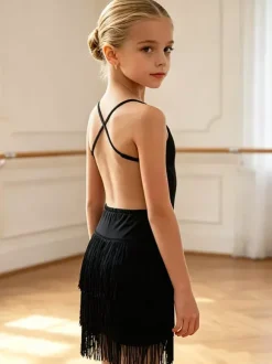 Latin Dance Dress Black Girl's Fringe Backless Cross Straps Elegant Polyester Dress Dancing Wear