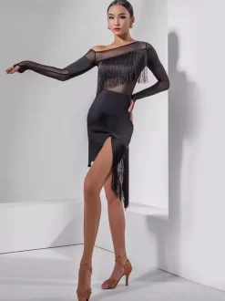 Latin Dance Dress Black Women's Fringe Sexy One Shoulder Dancing Dress