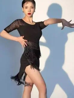 Latin Dance Dress Black Women's Fringe Mesh Sexy Short Sleeves Polyester Dance Dress