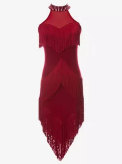 Latin Dance Dress Black Women's Fringe Halter Elegant Polyester Dancing Dress