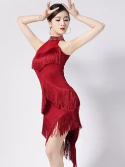 Latin Dance Dress Black Women's Fringe Halter Elegant Polyester Dancing Dress