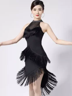Latin Dance Dress Black Women's Fringe Halter Elegant Polyester Dancing Dress