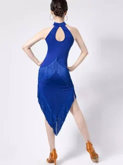 Latin Dance Dress Black Women's Fringe Halter Elegant Polyester Dancing Dress
