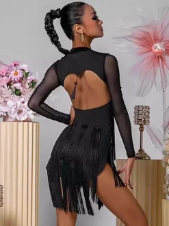 Latin Dance Dresses Black Women's Fringe Long Sleeves Backless Elegant Polyester Dancing Wear