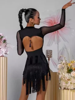 Latin Dance Dresses Black Women's Fringe Long Sleeves Backless Elegant Polyester Dancing Wear