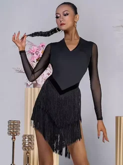 Latin Dance Dresses Black Women's Fringe Long Sleeves Backless Elegant Polyester Dancing Wear
