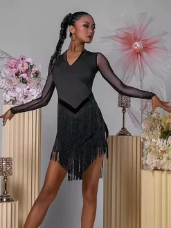 Latin Dance Dresses Black Women's Fringe Long Sleeves Backless Elegant Polyester Dancing Wear