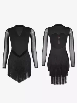 Latin Dance Dresses Black Women's Fringe Long Sleeves Backless Elegant Polyester Dancing Wear