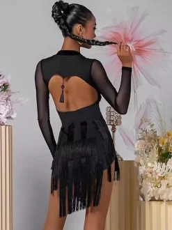 Latin Dance Dresses Black Women's Fringe Long Sleeves Backless Elegant Polyester Dancing Wear