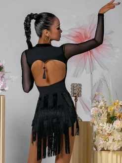 Latin Dance Dresses Black Women's Polyester Dress Backless Sexy Fringe Latin Dancer Dancing Costume