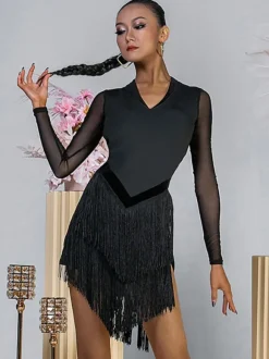 Latin Dance Dresses Black Women's Polyester Dress Backless Sexy Fringe Latin Dancer Dancing Costume