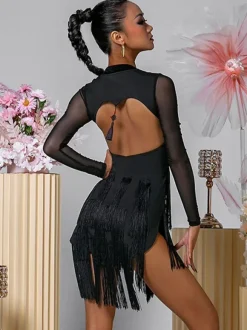 Latin Dance Dresses Black Women's Polyester Dress Backless Sexy Fringe Latin Dancer Dancing Costume