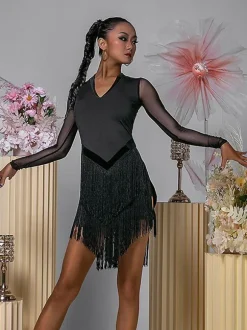 Latin Dance Dresses Black Women's Polyester Dress Backless Sexy Fringe Latin Dancer Dancing Costume