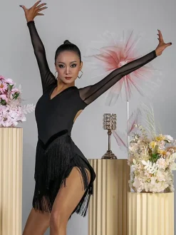 Latin Dance Dresses Black Women's Polyester Dress Backless Sexy Fringe Latin Dancer Dancing Costume