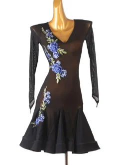 Latin Dance Dresses Black Women's Polyester Dress Floral Print Sexy Rhinestones Latin Dancer Dancing Wear