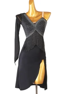 Latin Dance Dresses Black Women's Rhinestones Open Shoulder Bodycon Sexy Polyester Dress Dancing Wear