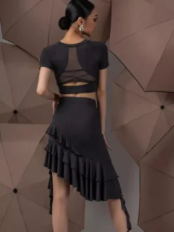 Latin Dance Dresses Black Women's Ruffles Asymmetrical Set Sexy Dance Costumes Set