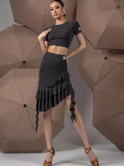 Latin Dance Dresses Black Women's Ruffles Asymmetrical Set Sexy Dance Costumes Set