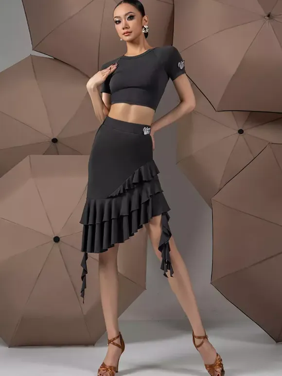 Latin Dance Dresses Black Women's Ruffles Asymmetrical Set Sexy Dance Costumes Set