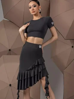 Latin Dance Dresses Black Women's Ruffles Asymmetrical Set Sexy Dance Costumes Set