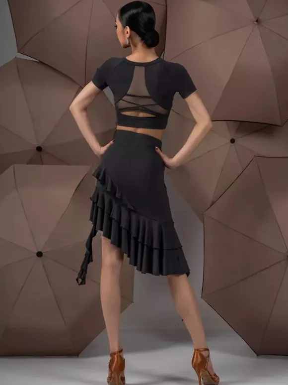 Latin Dance Dresses Black Women's Ruffles Asymmetrical Set Sexy Dance Costumes Set