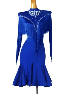 Latin Dance Dresses Blue Women's Polyester Dress Sexy Rhinestones Fringe Latin Dancer Dancing Costume