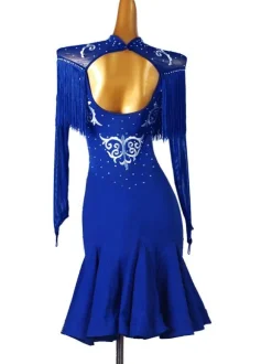 Latin Dance Dresses Blue Women's Polyester Dress Sexy Rhinestones Fringe Latin Dancer Dancing Costume