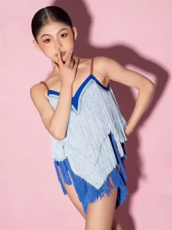 Latin Dance Dresses Blue Women's Fringe Tassel Spaghetti Latin Dancer Costumes