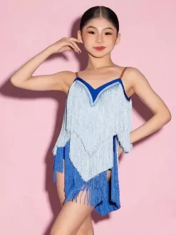 Latin Dance Dresses Blue Women's Fringe Tassel Spaghetti Latin Dancer Costumes