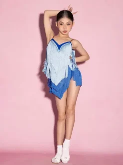 Latin Dance Dresses Blue Women's Fringe Tassel Spaghetti Latin Dancer Costumes