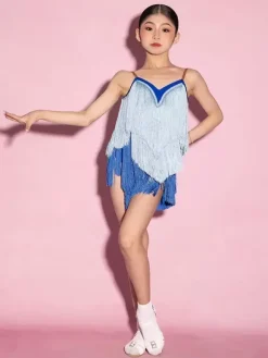 Latin Dance Dresses Blue Women's Fringe Tassel Spaghetti Latin Dancer Costumes