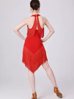 Latin Dance Dresses Champagne Halter Tassel Fringe Dress Elegant Polyester Dress Dancing Costume