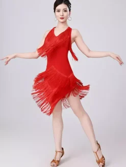 Latin Dance Dresses Champagne Halter Tassel Fringe Dress Elegant Polyester Dress Dancing Costume
