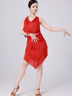 Latin Dance Dresses Champagne Halter Tassel Fringe Dress Elegant Polyester Dress Dancing Costume