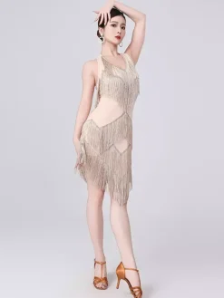Latin Dance Dresses Champagne Halter Tassel Fringe Dress Elegant Polyester Dress Dancing Costume