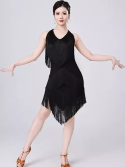 Latin Dance Dresses Champagne Halter Tassel Fringe Dress Elegant Polyester Dress Dancing Costume