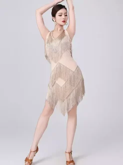 Latin Dance Dresses Champagne Halter Tassel Fringe Dress Elegant Polyester Dress Dancing Costume