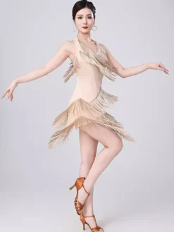 Latin Dance Dresses Champagne Halter Tassel Fringe Dress Elegant Polyester Dress Dancing Costume