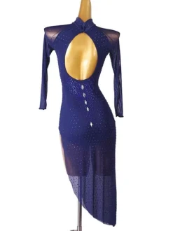 Latin Dance Dresses Dark Navy Women's Rhinestones Bodycon Sexy Polyester Dress Dancing Wear