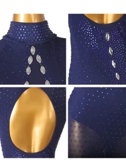 Latin Dance Dresses Dark Navy Women's Rhinestones Bodycon Sexy Polyester Dress Dancing Wear
