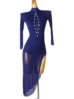 Latin Dance Dresses Dark Navy Women's Rhinestones Bodycon Sexy Polyester Dress Dancing Wear