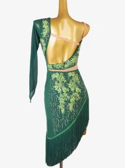 Latin Dance Dresses Dark Green Women's Rhinestones Fringe Backless Sexy Lycra Spandex Dress Dancing Costume